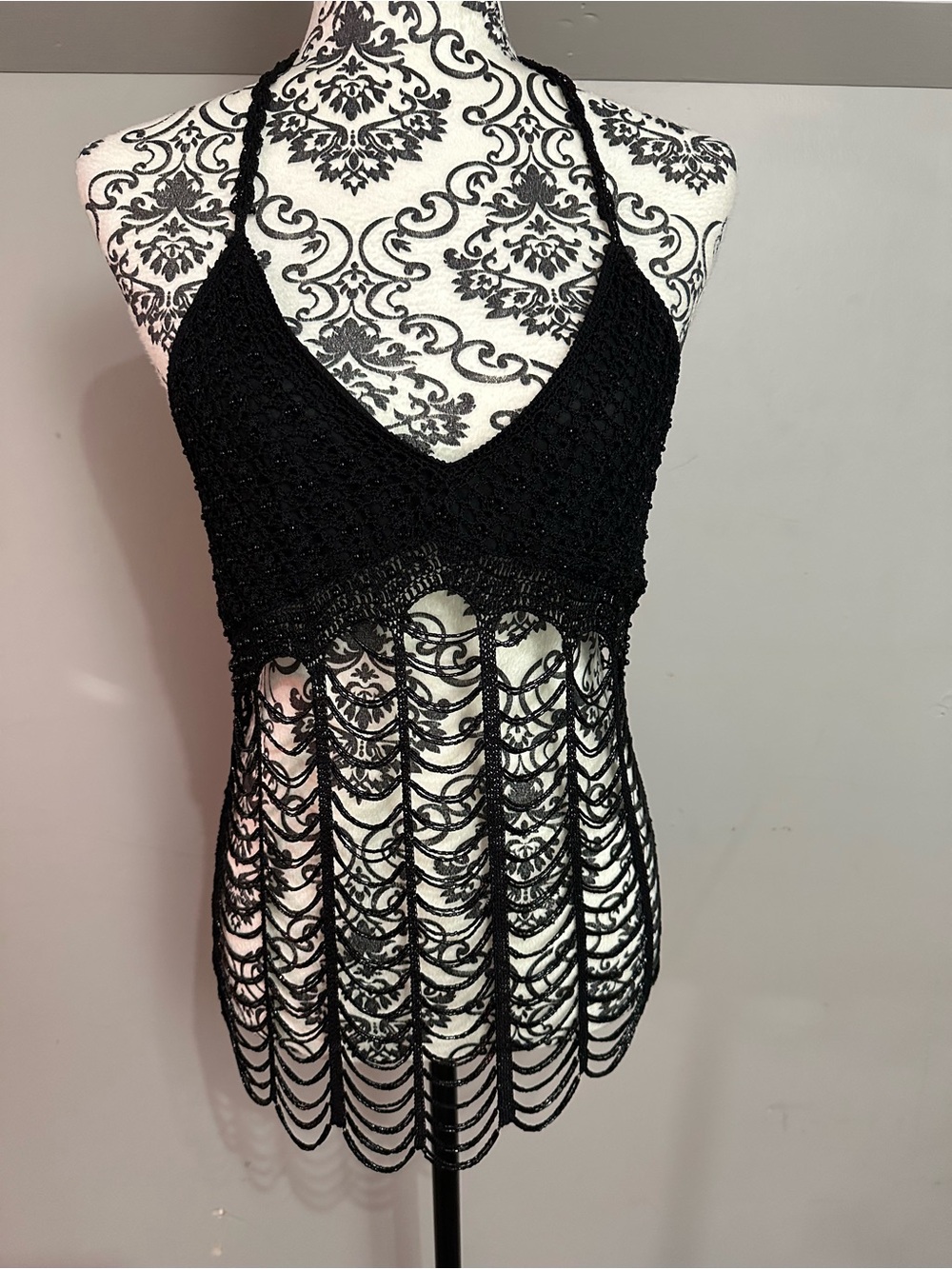 Black Crochet Beaded Top